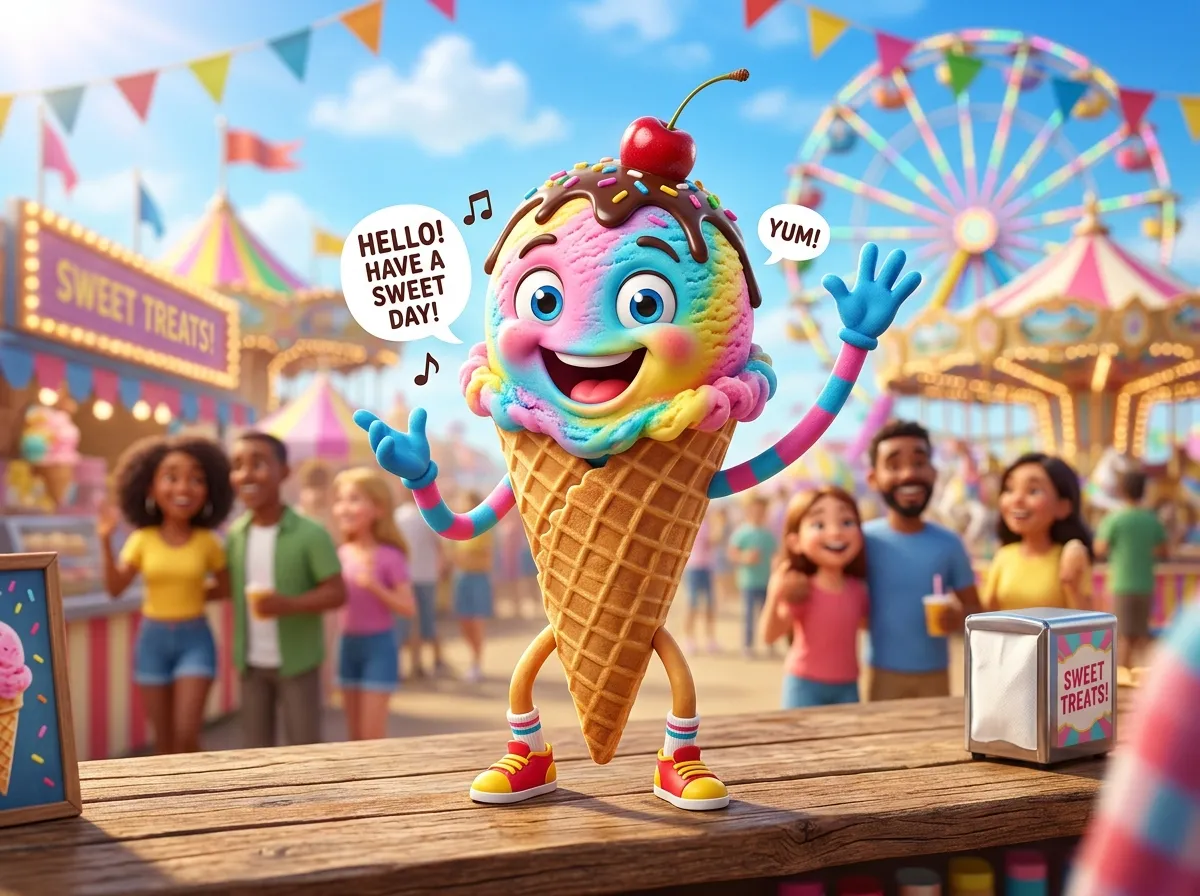 Colorful animated ice-cream character entertaining a crowd at a fair