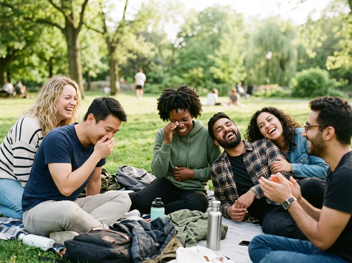 Friends laughing together in a sunny park
