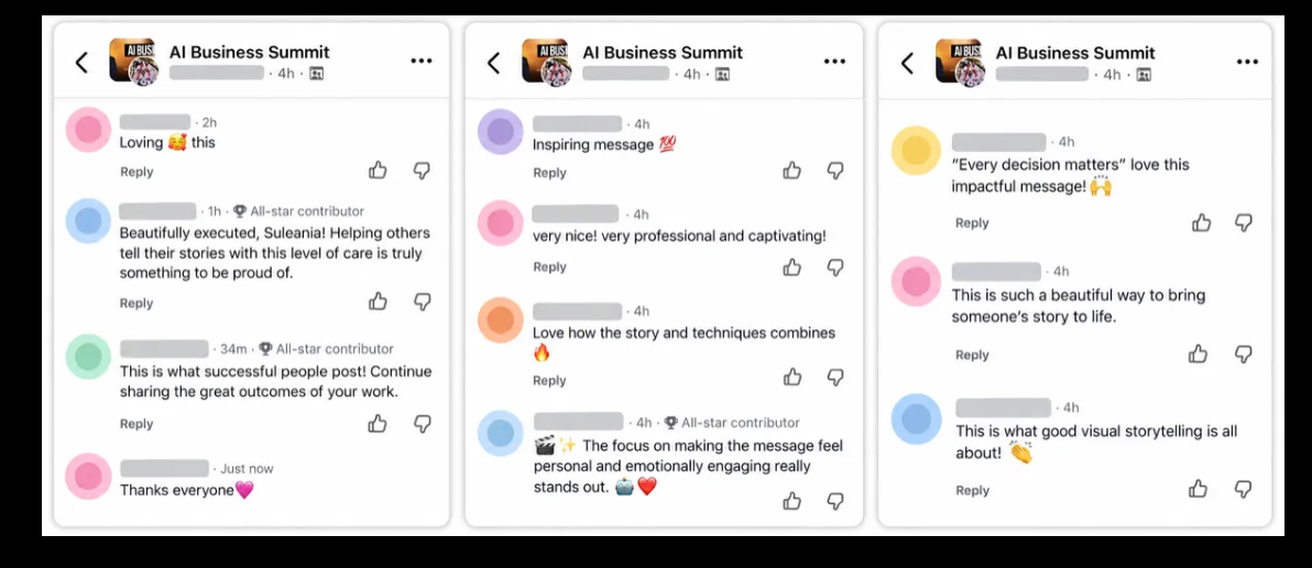 Comments from fellow ad creators in the AI Business Summit group reacting to an Only Imagine campaign ad: 'Beautifully executed, Suleania! Helping others tell their stories with this level of care is truly something to be proud of.'; 'Inspiring message'; 'Love how the story and techniques combines'; 'This is such a beautiful way to bring someone's story to life.'; 'This is what good visual storytelling is all about!'